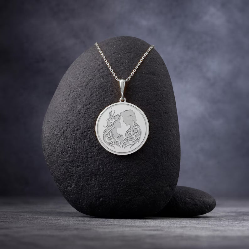 14K Solid Gold Romantic Couple Necklace: 925 Silver Lovers Silhouette Pendant, Soulmate Jewelry