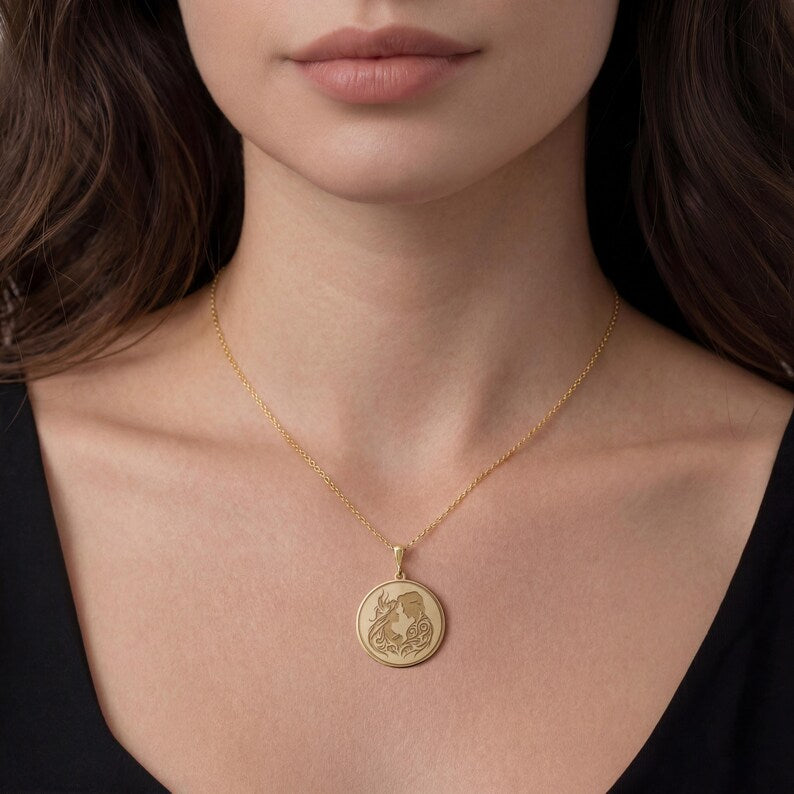 14K Solid Gold Romantic Couple Necklace: 925 Silver Lovers Silhouette Pendant, Soulmate Jewelry