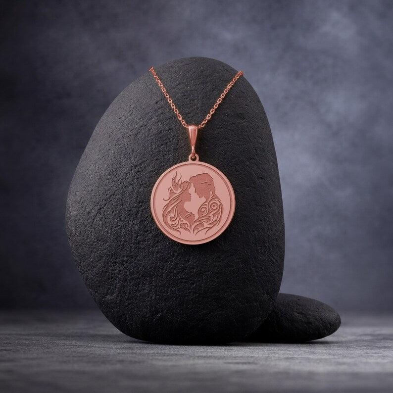 14K Solid Gold Romantic Couple Necklace: 925 Silver Lovers Silhouette Pendant, Soulmate Jewelry