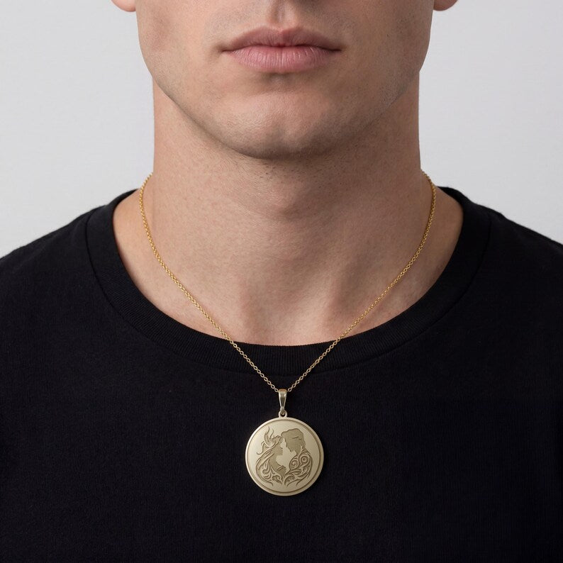 14K Solid Gold Romantic Couple Necklace: 925 Silver Lovers Silhouette Pendant, Soulmate Jewelry