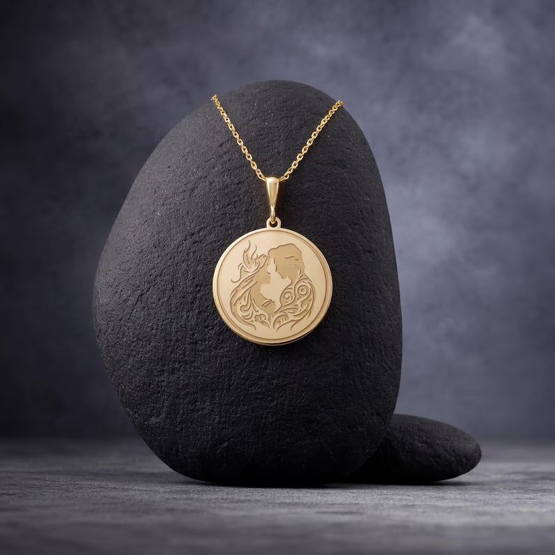 14K Solid Gold Romantic Couple Necklace: 925 Silver Lovers Silhouette Pendant, Soulmate Jewelry